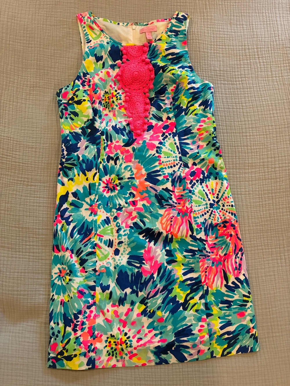 Lilly Pulitzer Multicolor Floral Shift Dress with Neon Pink Crochet Trim